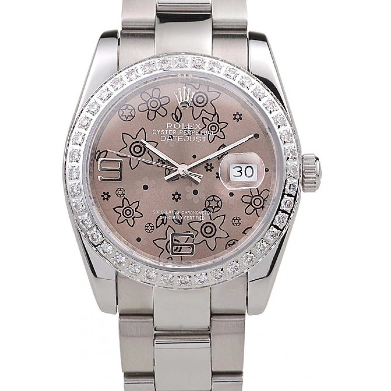 Brown Flowers Plated Datejust Dial Diamond Steel Rolex Stainless Polished 0606